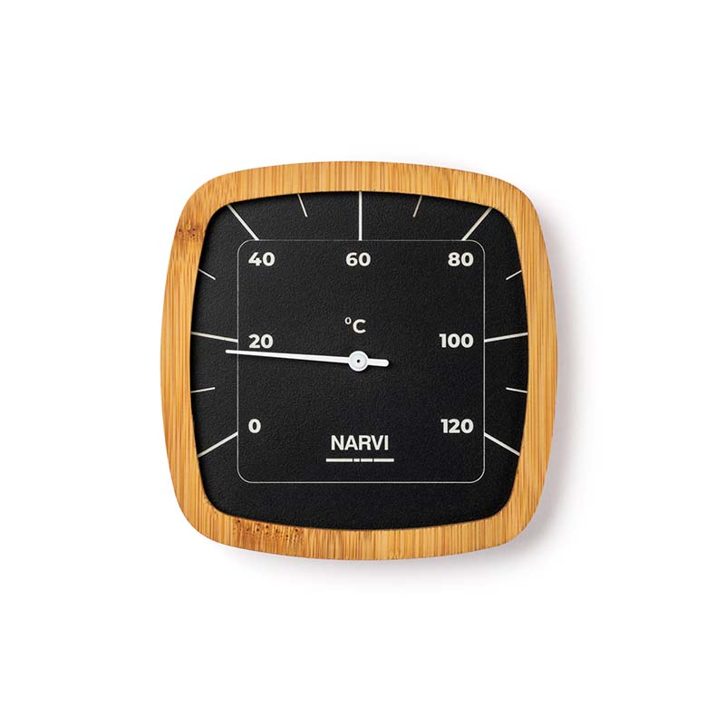 Klimamessstation, Alu, schwarz. Rahmen aus Bambus.